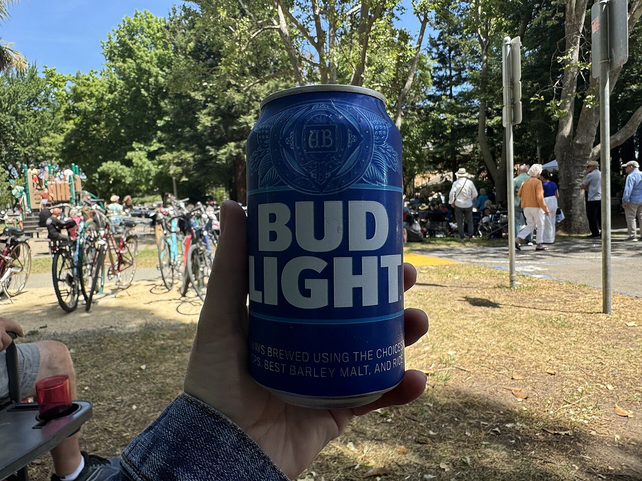 Hand holding a blue Bud Light can outdoors at a sunny park gathering